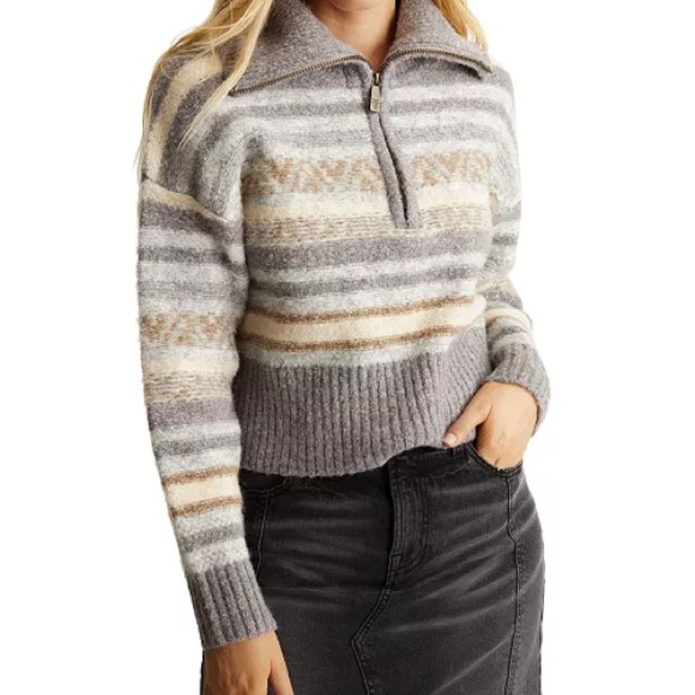 Frye Cropped Quarter Zip Sweater Neutral Striped Cozy Knit Size S